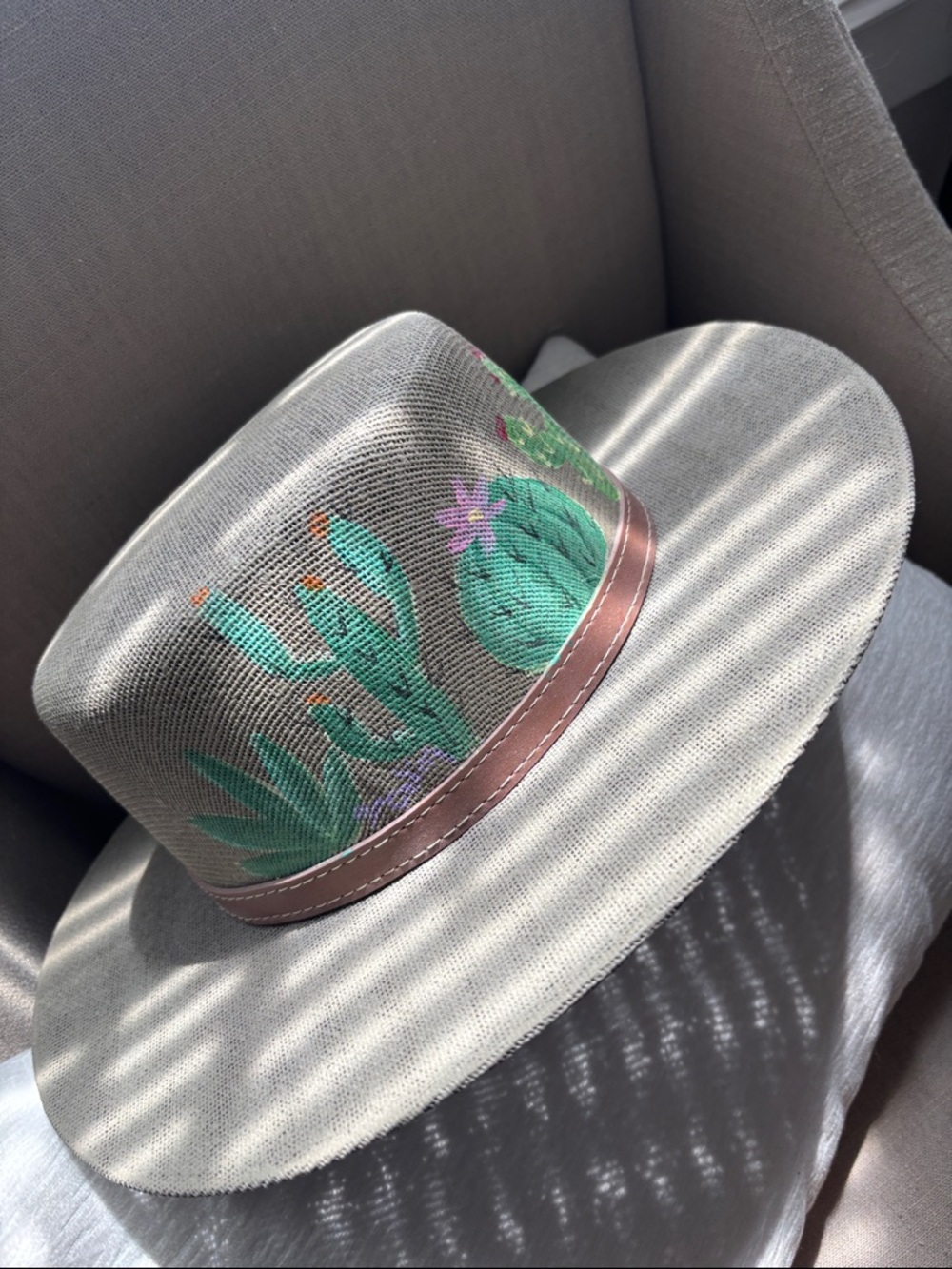 Wide Brim Straw Hat with Cactus Print and Brown Band